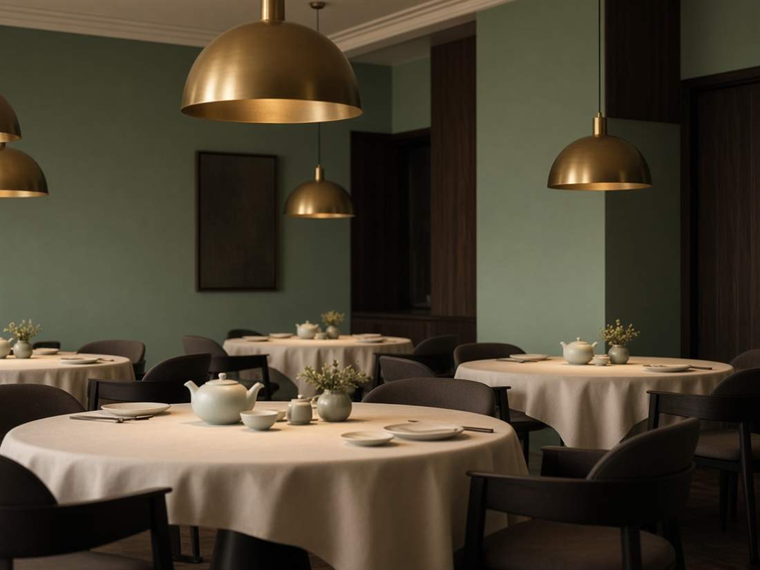 Sala de jantar do Culinarianthee, mesas redondas com toalhas claras, bules e candeeiros de latão