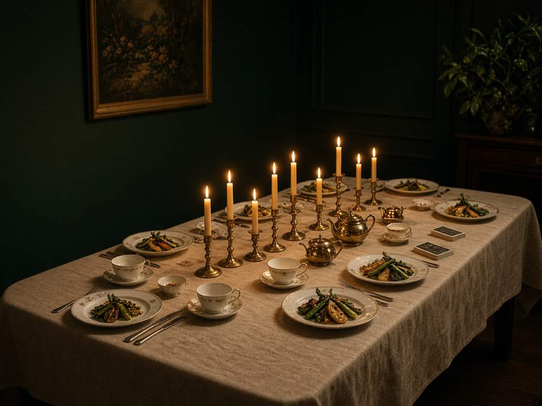 Mesa longa de jantar com velas, bules, pratos e um baralho de cartas