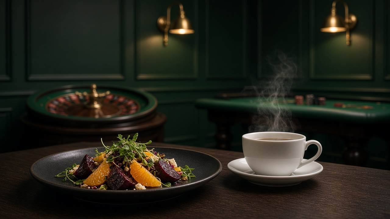Prato de beterraba e citrinos com chá, roleta e mesa de jogo no salão Culinarianthee